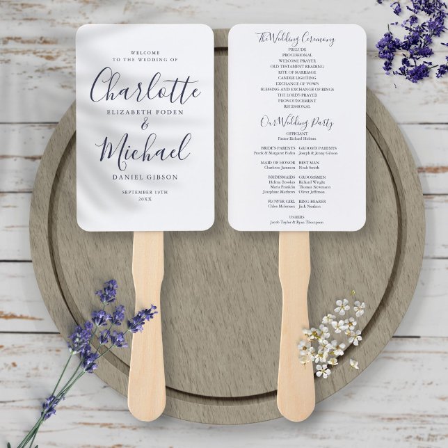 Elegant Navy Blue Signature Script Wedding Program Hand Fan (Elegant Navy Blue Signature Script Wedding Program Hand Fan)