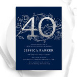 Elegant Navy Blue Silver 40th Birthday Invitation<br><div class="desc">Elegant navy blue silver 40th birthday party invitation. Customizable modern feminine design featuring roses botanical accents and faux glitter silver. Simple floral invite card perfect for a stylish female bday celebration. Personalize with your own details. Printed Zazzle invitations or instant download digital printable template.</div>