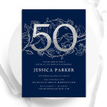 Elegant Navy Blue Silver 50th Birthday Invitation<br><div class="desc">Elegant navy blue silver 50th birthday party invitation. Customizable modern feminine design featuring roses botanical accents and faux glitter silver. Simple floral invite card perfect for a stylish female bday celebration. Personalize with your own details. Printed Zazzle invitations or instant download digital printable template.</div>