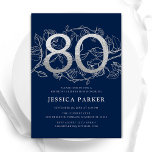 Elegant Navy Blue Silver 80th Birthday Invitation<br><div class="desc">Elegant navy blue silver 80th birthday party invitation. Customizable modern feminine design featuring roses botanical accents and faux glitter silver. Simple floral invite card perfect for a stylish female bday celebration. Personalize with your own details. Printed Zazzle invitations or instant download digital printable template.</div>