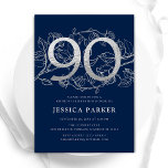 Elegant Navy Blue Silver 90th Birthday Invitation<br><div class="desc">Elegant navy blue silver 90th birthday party invitation. Customizable modern feminine design featuring roses botanical accents and faux glitter silver. Simple floral invite card perfect for a stylish female bday celebration. Personalize with your own details. Printed Zazzle invitations or instant download digital printable template.</div>