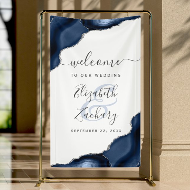 Elegant Navy Blue Silver Agate Wedding Welcome Banner (Creator Uploaded)