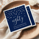 Elegant Navy Blue Silver Confetti 80th Birthday Napkin<br><div class="desc">Help them celebrate their 80th birthday in style with this simple but elegant design, featuring faux silver triangular confetti sifting down on the word "eighty" in silver grey handwriting font on a navy blue background. Personalize it with the name of the honoree in silver grey sans serif font, along with...</div>