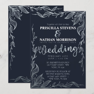 Elegant Navy Blue Silver Drawn Floral Vine Wedding Invitation
