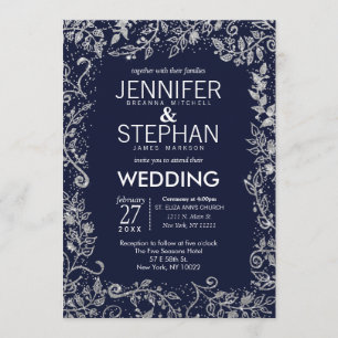 Elegant Navy Blue Silver Floral Glitter Wedding Invitation