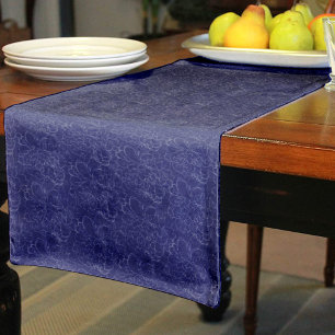 Elegant Navy Blue Silver Floral Pattern Short Table Runner
