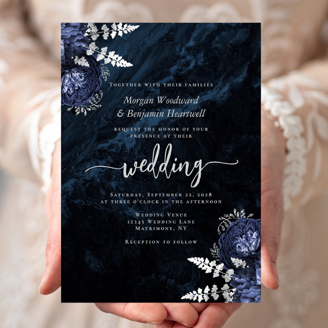 Elegant Navy Blue Silver Floral Wedding Invitation (Creator Uploaded)
