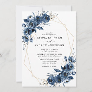 Elegant Navy Blue Silver Geometric Floral Wedding Invitation