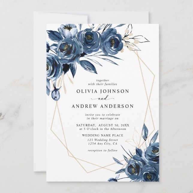 Elegant Navy Blue Silver Geometric Floral Wedding Invitation (Front)