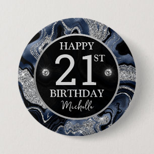 Elegant Navy Blue & Silver Glitter Agate Birthday 3 Inch Round Button