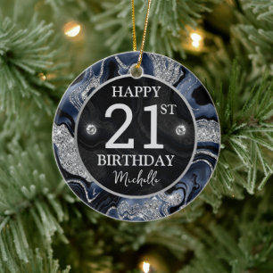 Elegant Navy Blue & Silver Glitter Agate Birthday Ceramic Ornament