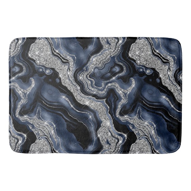 Elegant Navy Blue & Silver Glitter Agate Pattern Bath Mat (Front)