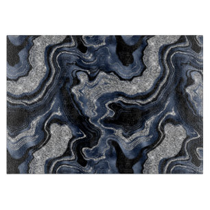 Elegant Navy Blue & Silver Glitter Agate Pattern Cutting Board