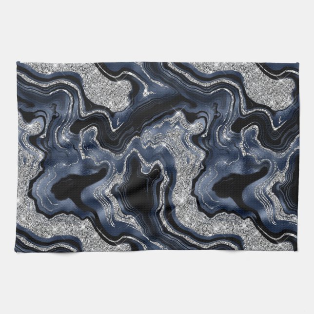 Elegant Navy Blue & Silver Glitter Agate Pattern Kitchen Towel (Horizontal)