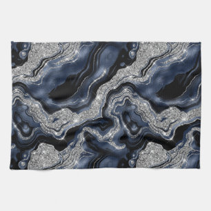 Elegant Navy Blue & Silver Glitter Agate Pattern Kitchen Towel