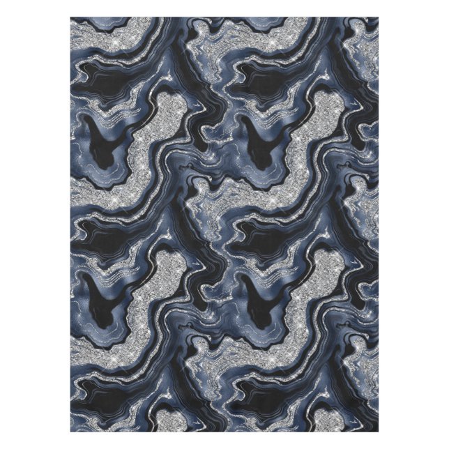 Elegant Navy Blue & Silver Glitter Agate Pattern Tablecloth (Front)