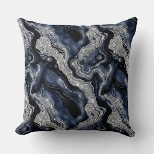 Elegant Navy Blue & Silver Glitter Agate Pattern Throw Pillow