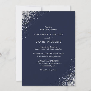 Elegant Navy Blue Silver Glitter Confetti Wedding Invitation