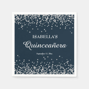 Elegant Navy Blue Silver Glitter Quinceanera Napkin