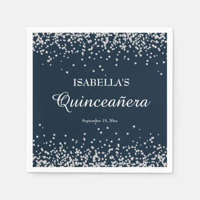 Elegant Navy Blue Silver Glitter Quinceanera Napkin (Front)