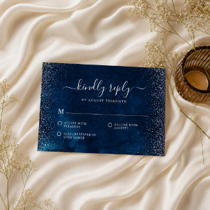 Elegant Navy Blue Silver Glitter Wedding RSVP Card