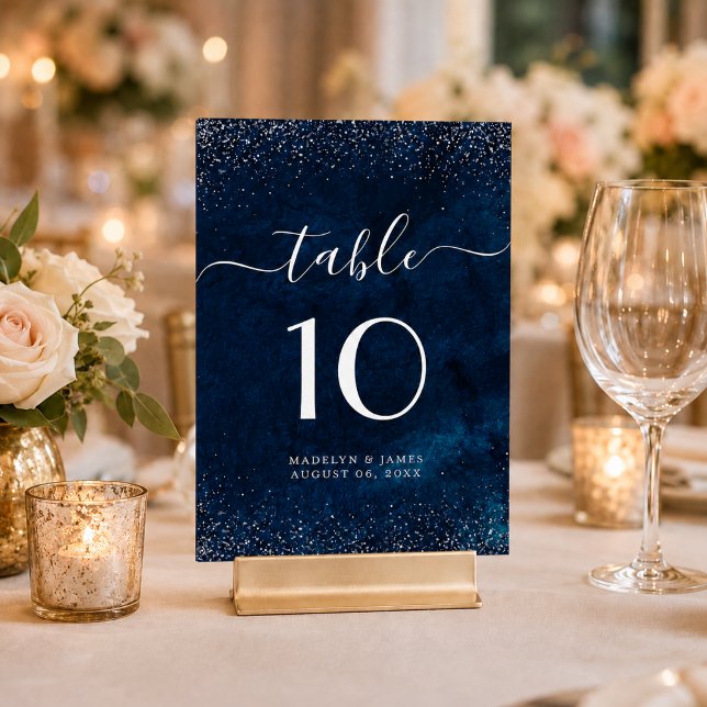 Elegant Navy Blue Silver Glitter Wedding Table Number (Creator Uploaded)
