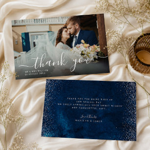 Elegant Navy Blue Silver Glitter Wedding Thank You Card