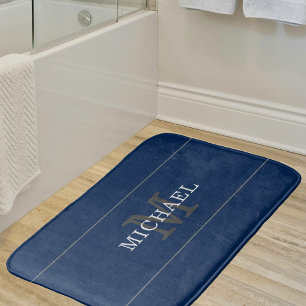Elegant Navy Blue Silver Monogram Personalized Bath Mat
