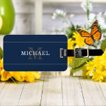 Elegant Navy Blue Silver Monogram Personalized Luggage Tag<br><div class="desc">Customize the text, and easily create your personalized luggage tag. Click EDIT, then click EDIT BACKGROUND to change the background colour. You can TRANSFER this DESIGN on other Zazzle products and adjust it to fit most of the Zazzle items. Standard Studio designs are made in high-resolution graphics for a professional...</div>