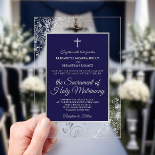 Elegant Navy Blue & Silver Ornate Catholic Wedding Acrylic Invitations