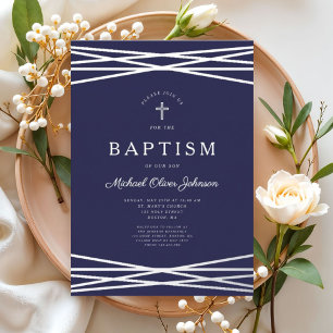 Elegant Navy Blue Silver Script Boy Baptism
