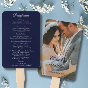 Elegant Navy Blue & Silver Script Wedding Program Hand Fan