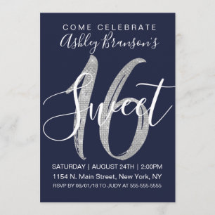 Elegant Navy Blue Silver Sequin Glitter Sweet 16 Invitation