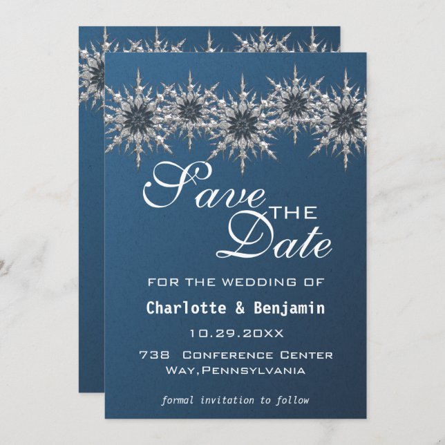 Elegant Navy Blue Silver Snowflake Save The Date  (Front/Back)