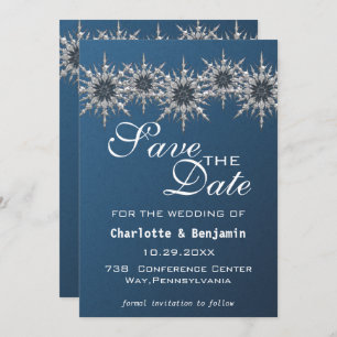 Elegant Navy Blue Silver Snowflake Save The Date 