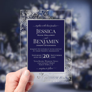 Elegant Navy Blue & Silver Stylish Text Wedding Acrylic Invitations