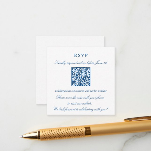 Elegant Navy Blue Small Online RSVP QR Code Enclosure Card (Front/Back In Situ)