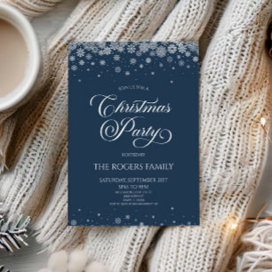 Elegant Navy Blue Snowflake Winter Christmas Party Invitation