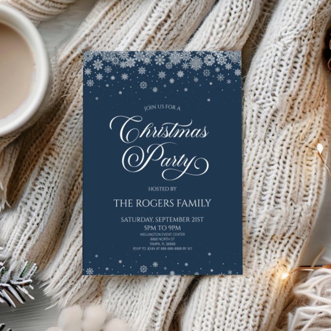 Elegant Navy Blue Snowflake Winter Christmas Party Invitation (Creator Uploaded)