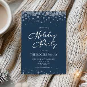 Elegant Navy Blue Snowflake Winter Holiday Party Invitation