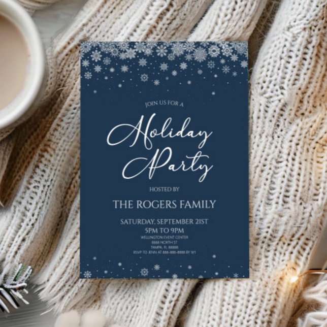 Elegant Navy Blue Snowflake Winter Holiday Party Invitation (Creator Uploaded)