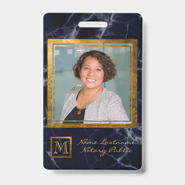 Elegant Navy Blue Square Gold Monogram Notary Badge (Front)