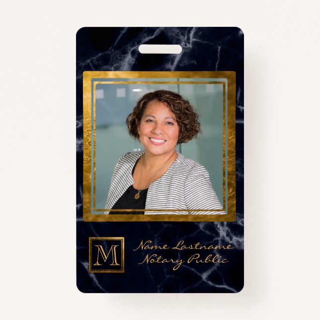 Elegant Navy Blue Square Gold Monogram Notary Badge (Front)
