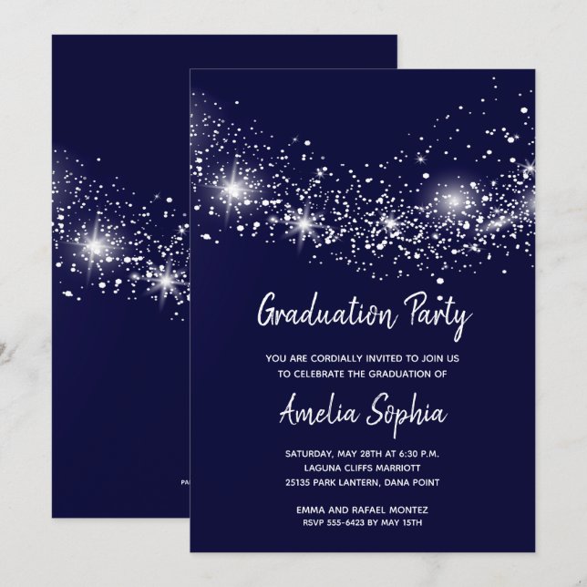 Elegant Navy Blue Stars Graduation Invitation (Front/Back)
