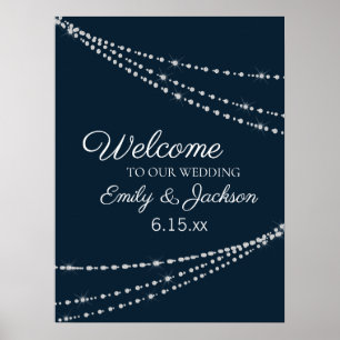 Elegant Navy Blue String Lights Wedding Poster