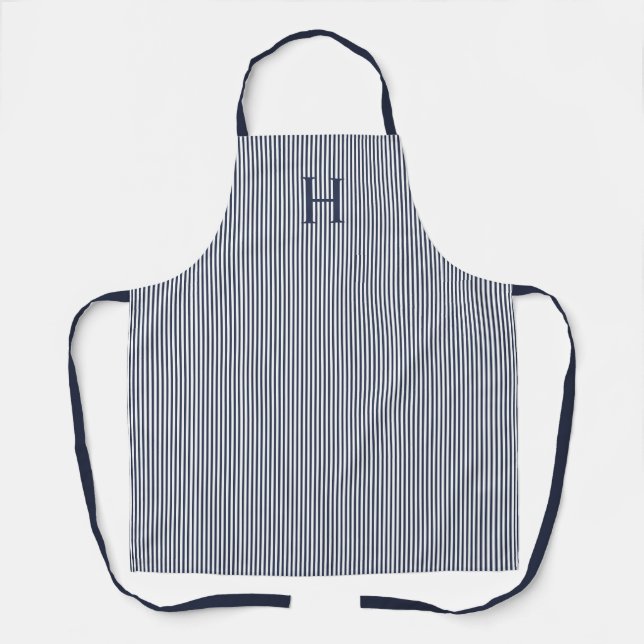 Elegant Navy Blue Stripe Classic Monogram Apron (Front)