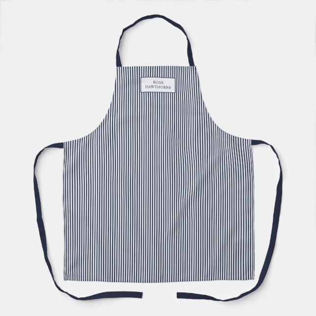 Elegant Navy Blue Stripe Classic Name Apron (Front)