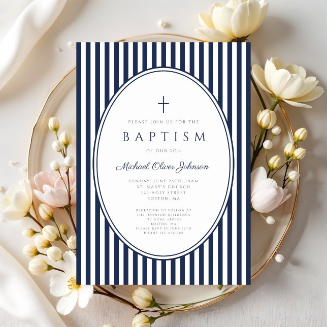 Elegant Navy Blue Striped Boy Baptism Invitation (Elegant Navy Blue Striped Boy Baptism Invitation)