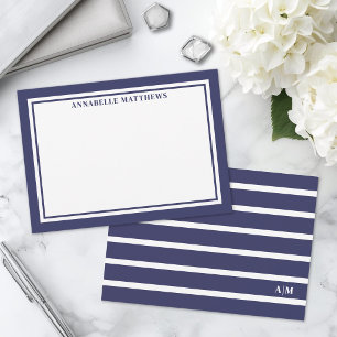 Elegant Navy Blue Striped Monogram Card