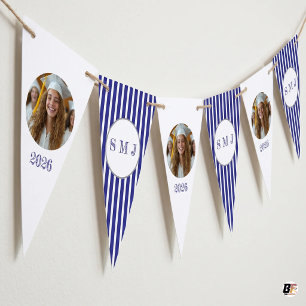 Elegant Navy Blue Striped Monogram & Custom Photo Bunting Flags